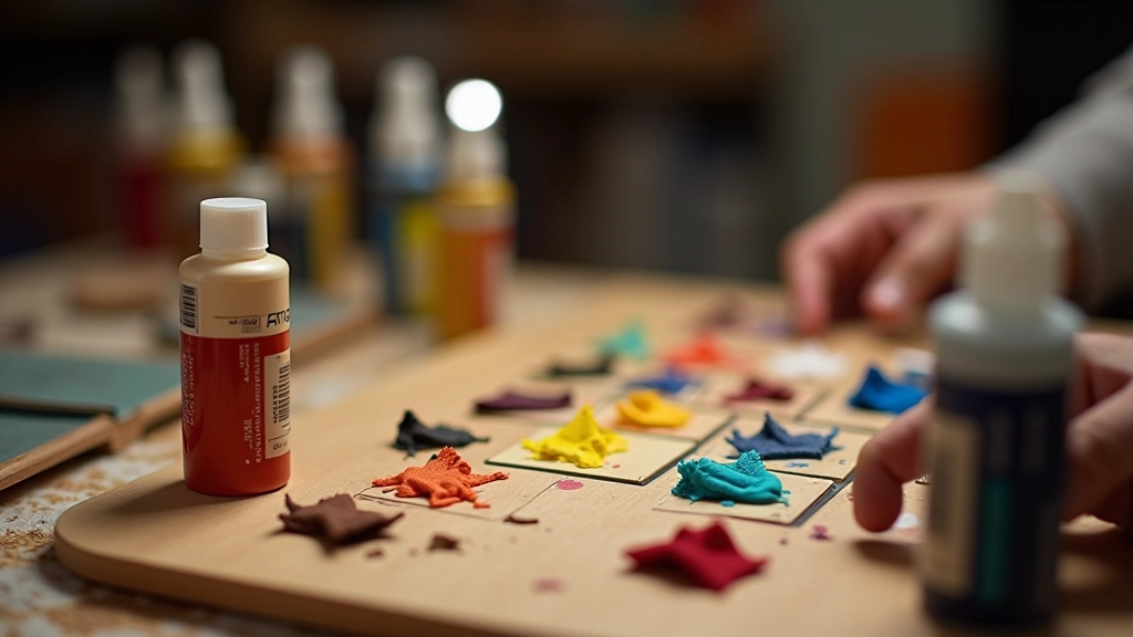 Array of acrylic paint tubes arranged by color temperature showing warm yellows, cool blues, and earth tones used in traditional puppet painting