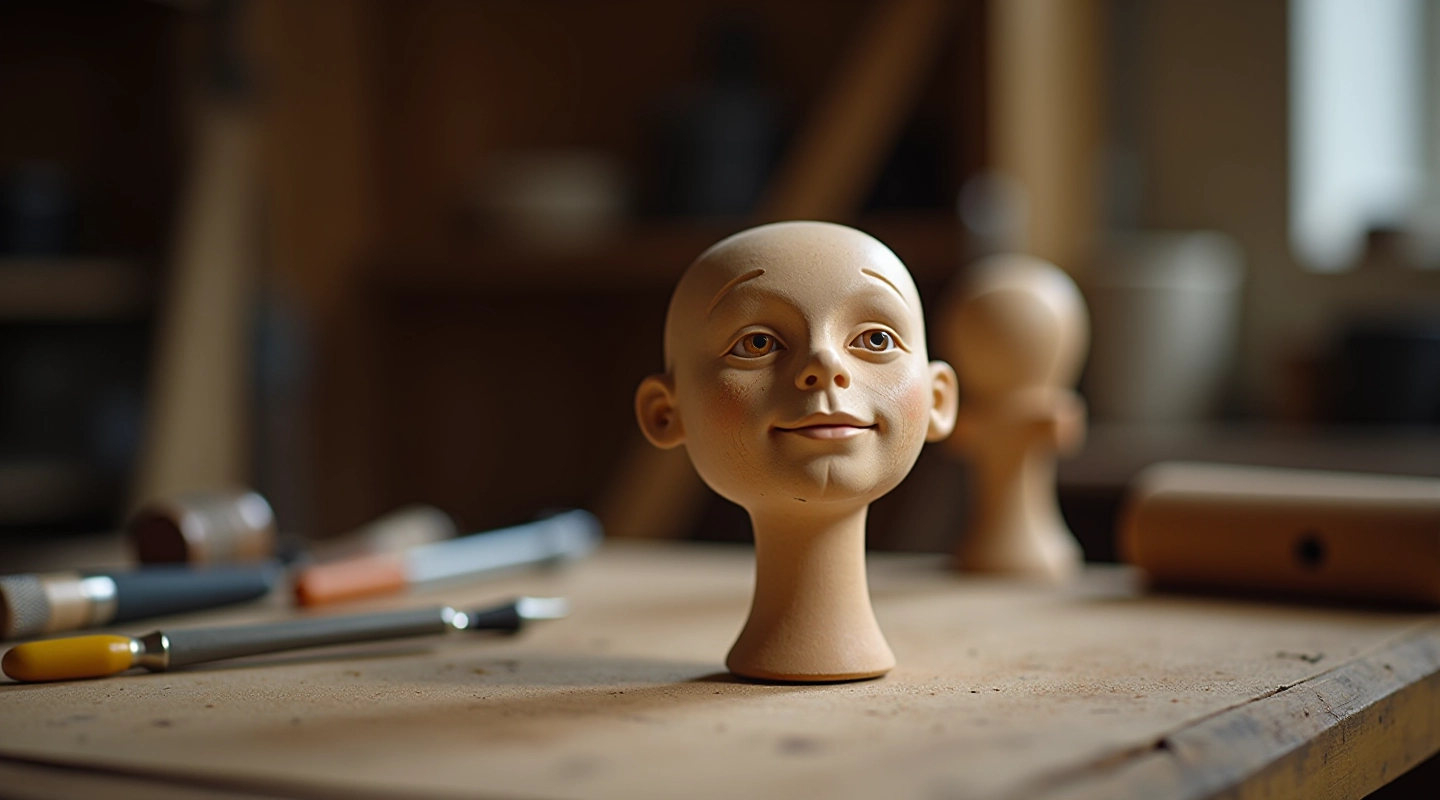 Wooden marionette puppet head with carved facial features on work table with tools