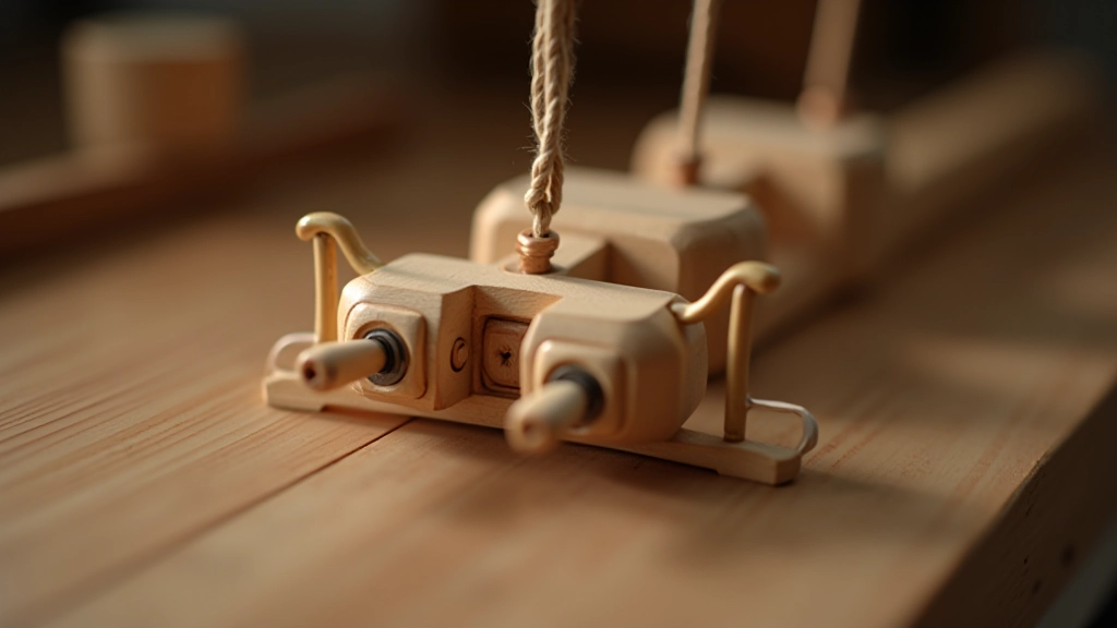 Close-up of wooden control bar showing string attachment points with eye hooks and knots demonstrating proper rigging technique