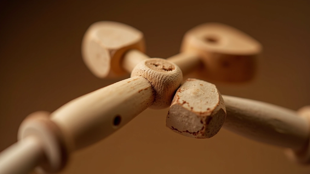 Close-up of wooden marionette joints showing precisely drilled holes and fitted dowel pins for smooth articulation
