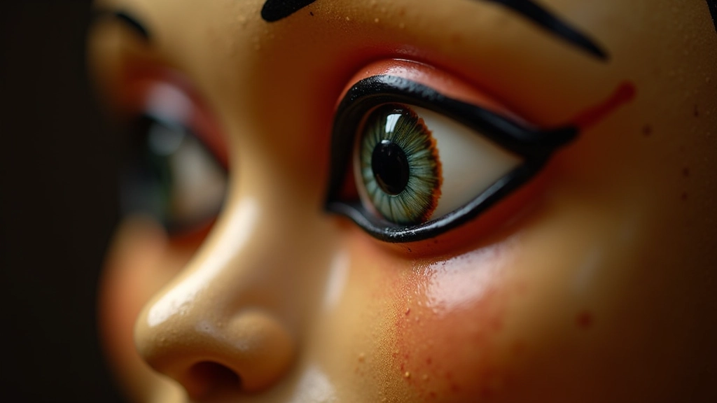 Close-up detail of puppet face showing painted eyes with iris color and catch light reflection creating lifelike expression