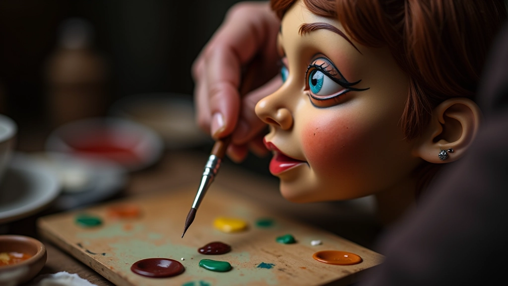Palette of acrylic paints with brush applying color detail to puppet face