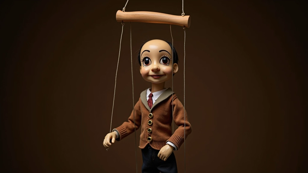 Complete marionette puppet displayed with control bar showing finished craftsmanship