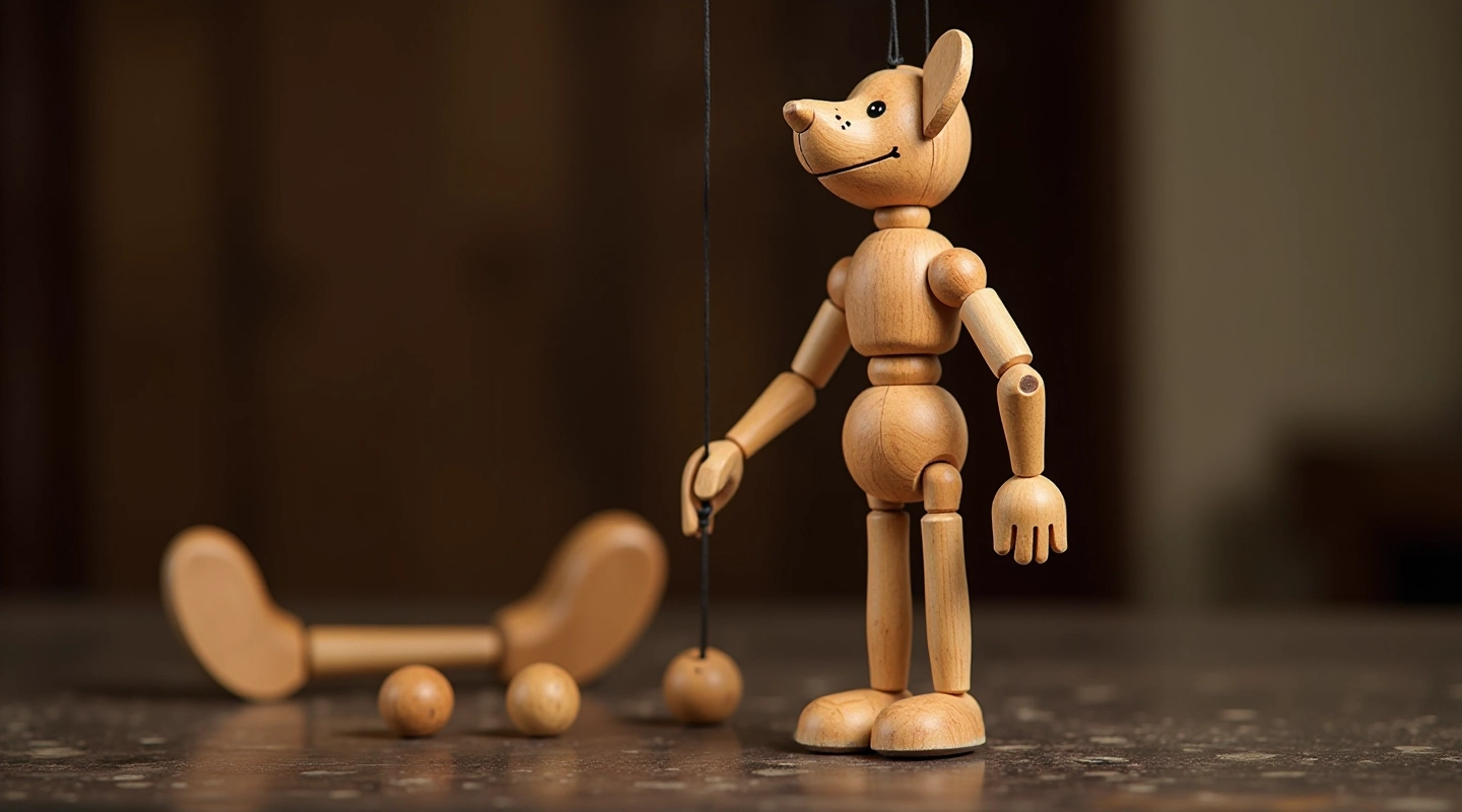 Wooden marionette puppet with detailed carved features and traditional Czech design