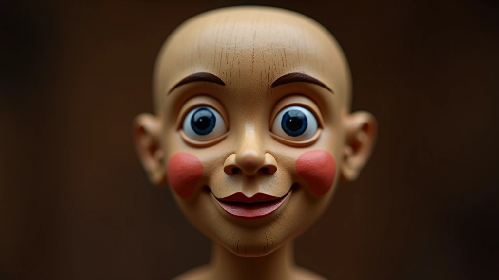 Completed puppet head showing full painted face with details including mouth line, eyebrows, and rosy cheeks demonstrating finished painting technique