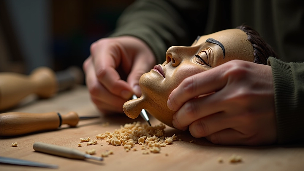 Detailed view of puppet carving in progress showing hand techniques and traditional tools