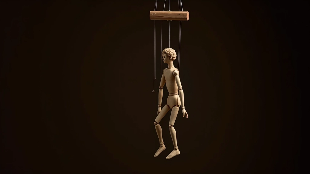 Marionette hanging from control bar with visible strings attached to head, hands, and back of body