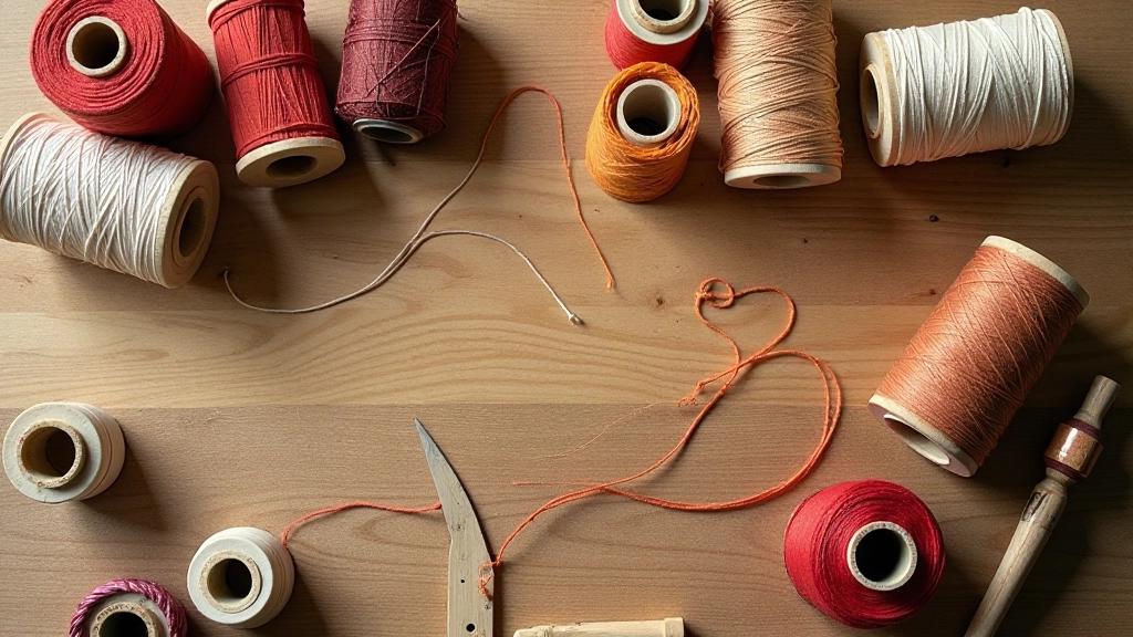 Collection of different stringing materials including cotton thread, waxed linen, and fishing line arranged on wooden surface