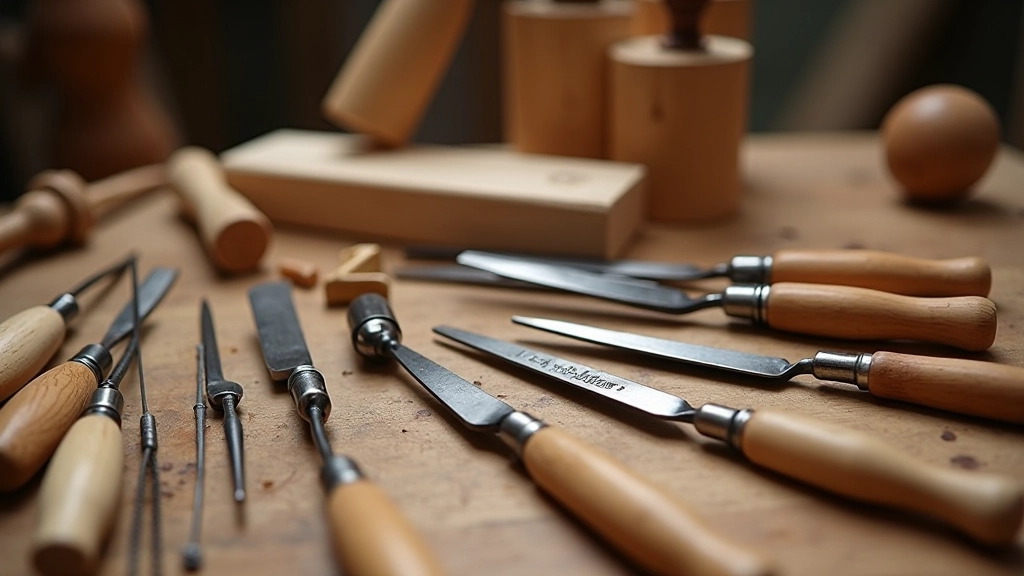 Collection of traditional puppet carving tools including gouges, knives, and mallets arranged on wooden surface