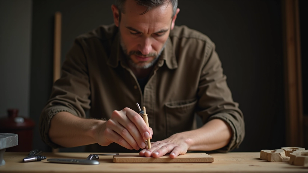 Puppet carver using hand drill and measuring tools to create precise joint holes in wooden puppet limbs