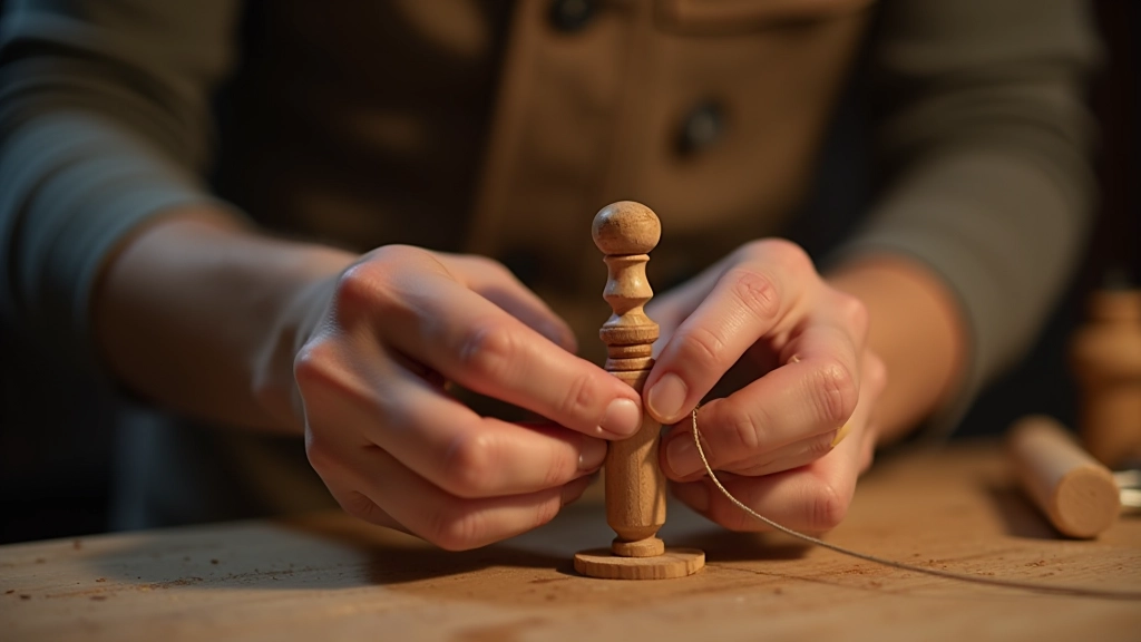 Hands working with wooden puppet joints and strings on completed marionette figure