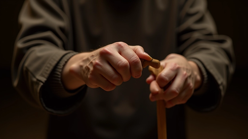 Puppeteer holding completed control bar demonstrating proper grip and control posture with marionette puppet suspended below