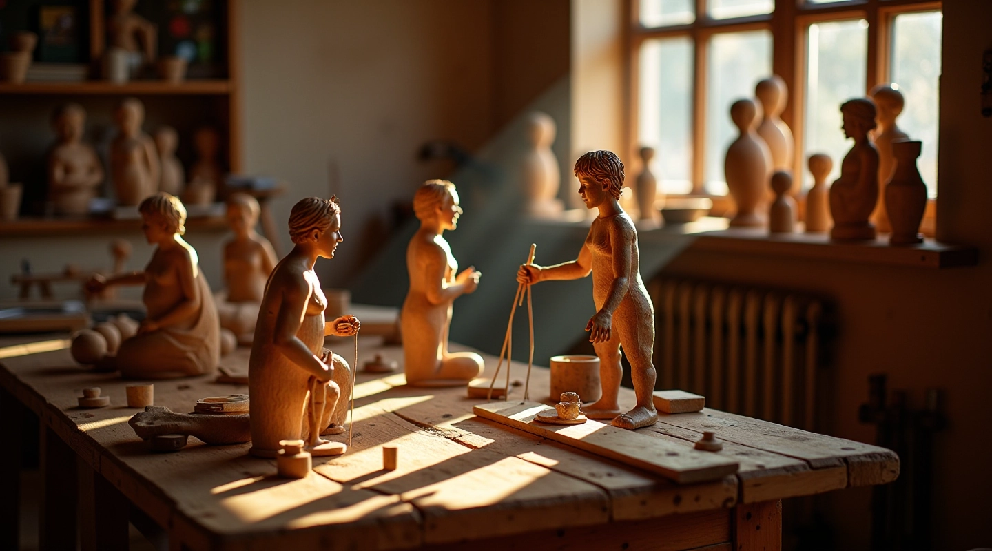 Our traditional marionette puppet workshop in Prague with carved puppets at various stages of completion