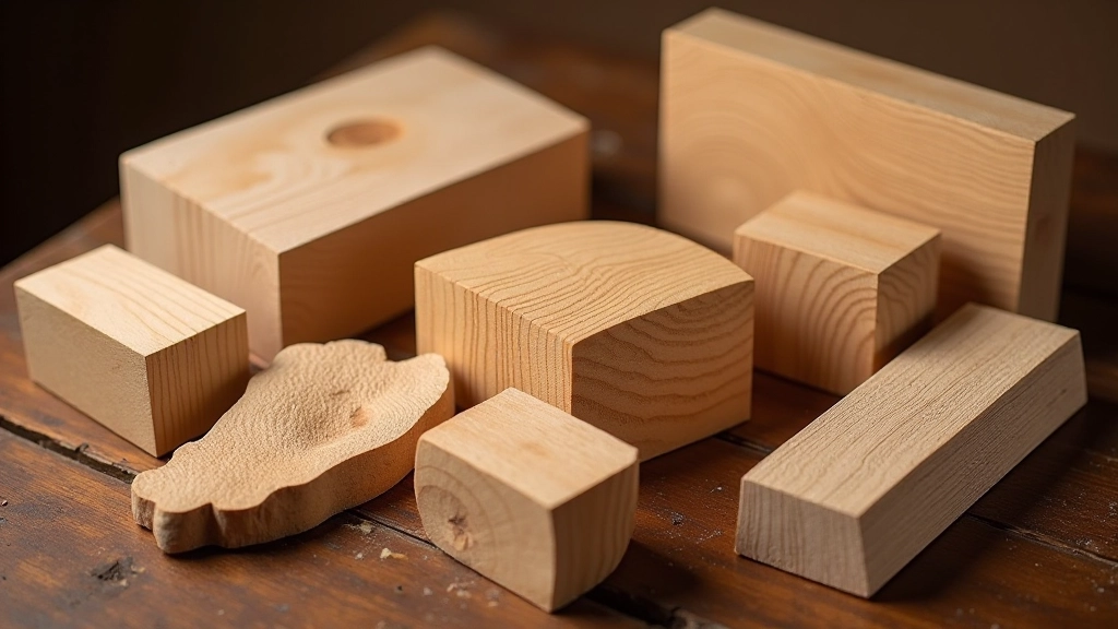 Different wood samples and blocks suitable for puppet head carving with grain patterns visible