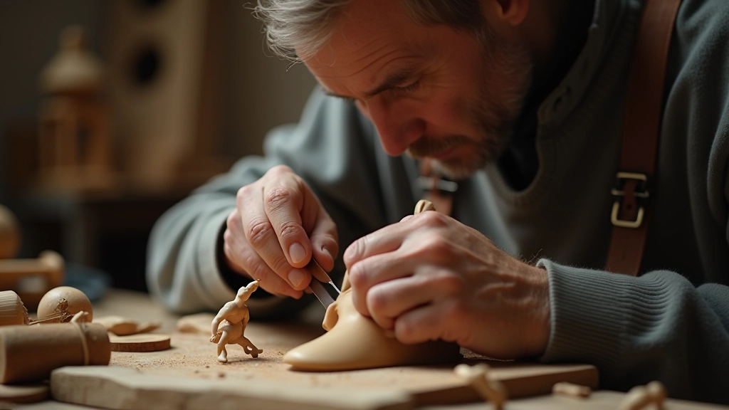 Close-up of hands demonstrating proper carving technique with gouge tool on wooden puppet head
