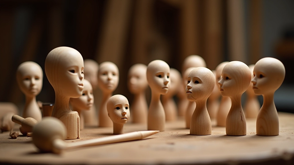 Wooden carving tools arranged on workbench with freshly carved puppet head showing detailed facial features