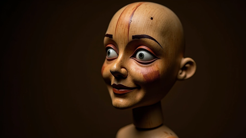 Puppet head showing subtle shadow placement under cheekbones and around eye sockets creating three-dimensional appearance