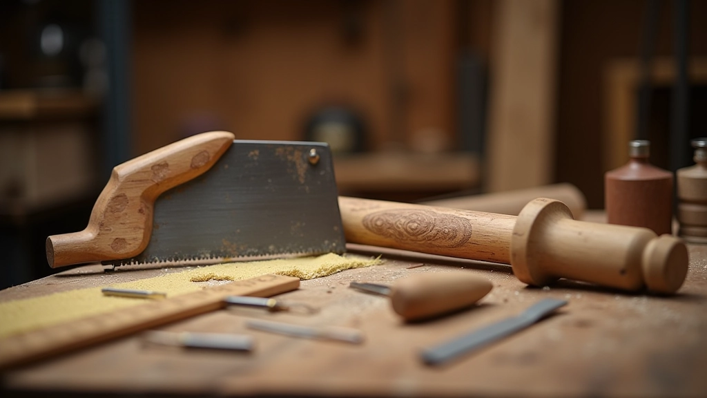 Woodworking tools arranged for control bar construction including saw, drill, sandpaper, chisels, and measuring ruler on wooden workbench